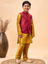 Boy's Maroon Woven Jacket With Mustard Kurta And Pyjama Set