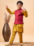 Boy's Maroon Woven Jacket With Mustard Kurta And Pyjama Set