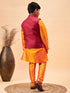 Boy's Maroon Woven Nehru Jacket With Orange Kurta And Pyjama Set
