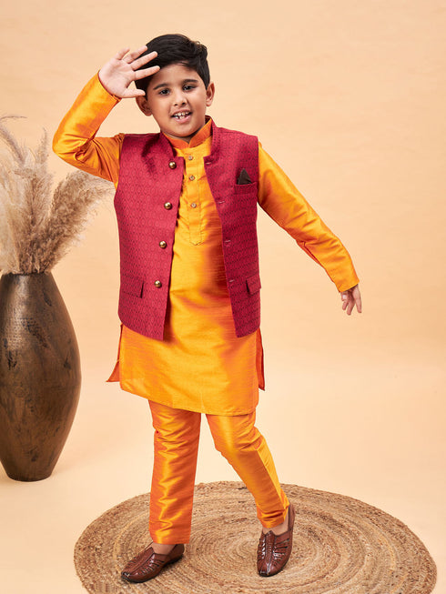 Boy's Maroon Woven Nehru Jacket With Orange Kurta And Pyjama Set