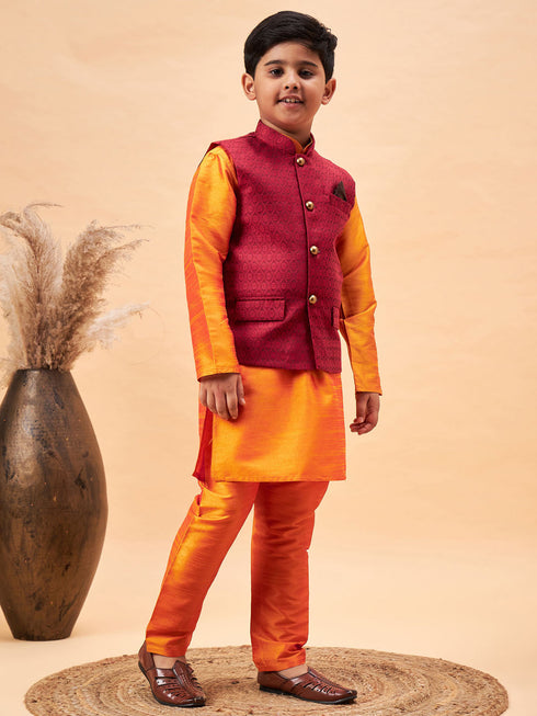 Boy's Maroon Woven Nehru Jacket With Orange Kurta And Pyjama Set
