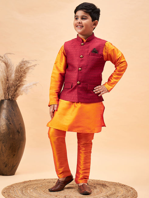 Boy's Maroon Woven Nehru Jacket With Orange Kurta And Pyjama Set