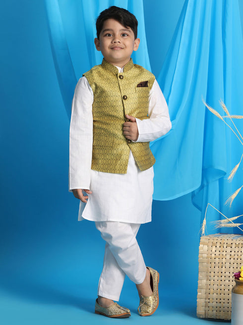 Boy's Yellow Woven Design Nehru Jacket With White Kurta And Pyjama Set