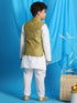 Boy's Yellow Woven Design Nehru Jacket With White Kurta And Pyjama Set