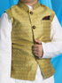 Boy's Yellow Woven Design Nehru Jacket With White Kurta And Pyjama Set