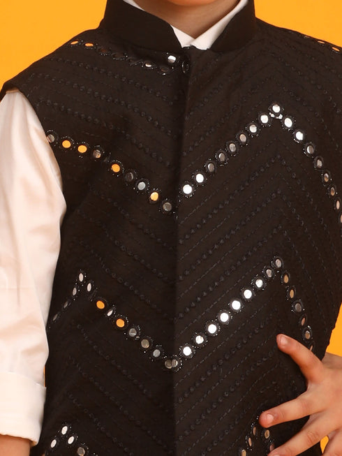 Boy's' Black Mirror Work Ethnic Jacket
