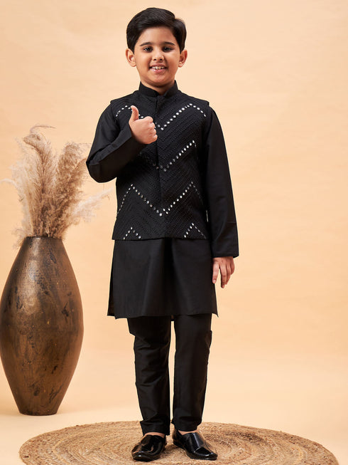 Boy's Black Mirror Work Jacket And Solid Kurta Pyjama Set