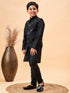 Boy's Black Mirror Work Jacket And Solid Kurta Pyjama Set