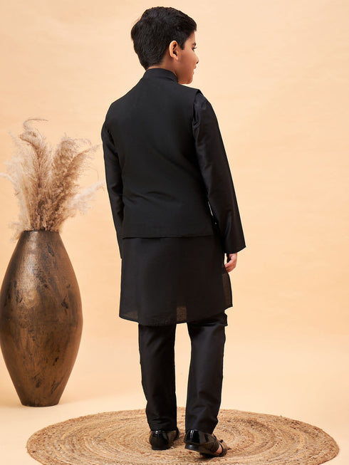 Boy's Black Mirror Work Jacket And Solid Kurta Pyjama Set