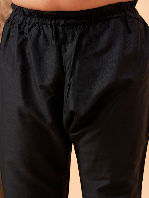 Boy's Black Mirror Work Jacket And Solid Kurta Pyjama Set