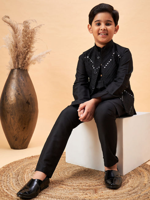 Boy's Black Mirror Work Jacket And Solid Kurta Pyjama Set