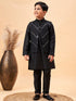 Boy's Black Mirror Work Jacket And Solid Kurta Pyjama Set