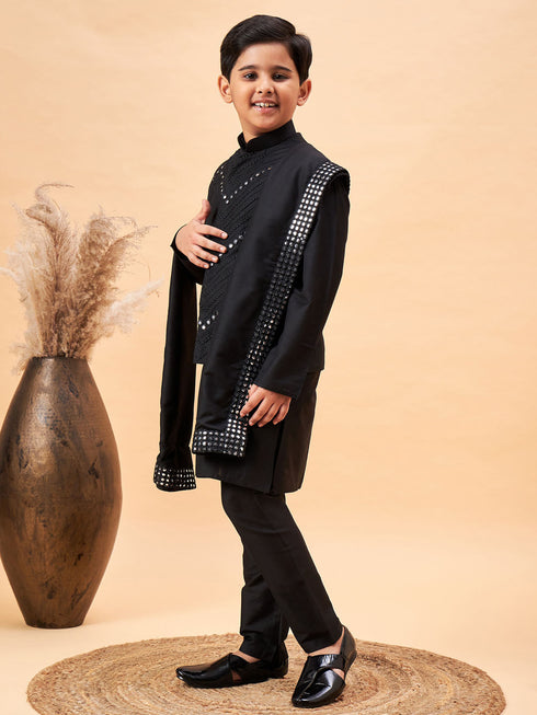Boy's Black Mirror Work Jacket And Solid Kurta Pyjama Set With Black Ethnic Dupatta
