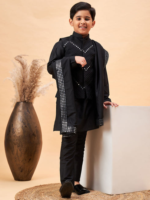 Boy's Black Mirror Work Jacket And Solid Kurta Pyjama Set With Black Ethnic Dupatta