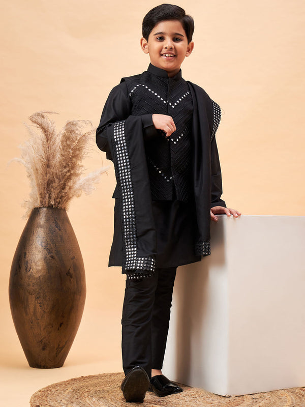 Boy's Black Mirror Work Jacket And Solid Kurta Pyjama Set With Black Ethnic Dupatta