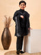 Boy's Black Mirror Work Jacket And Solid Kurta Pyjama Set With Black Ethnic Dupatta