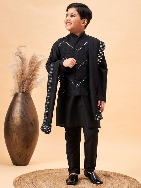 Boy's Black Mirror Work Jacket And Solid Kurta Pyjama Set With Black Ethnic Dupatta