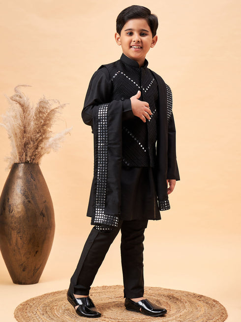 Boy's Black Mirror Work Jacket And Solid Kurta Pyjama Set With Black Ethnic Dupatta