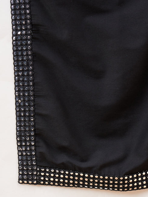 Boy's Black Mirror Work Jacket And Solid Kurta Pyjama Set With Black Ethnic Dupatta