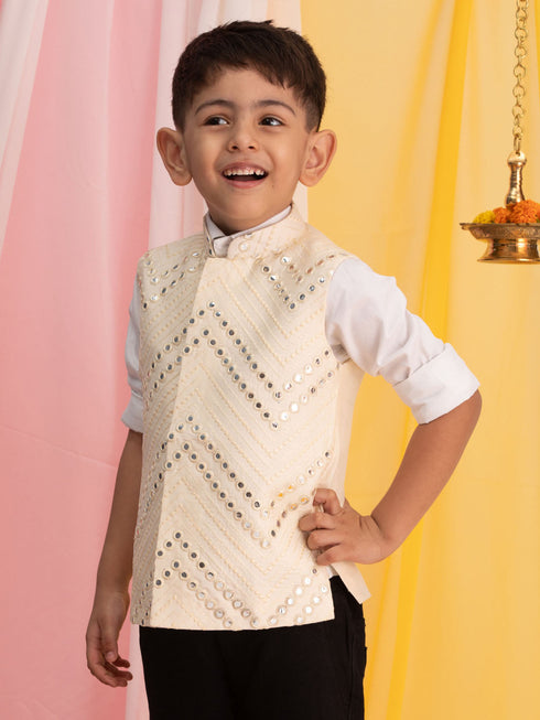 Boy's' Cream Mirror Work Ethnic Jacket