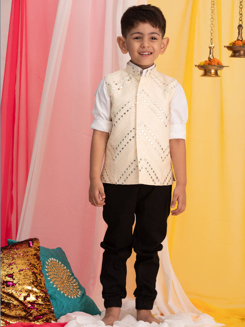 Boy's' Cream Mirror Work Ethnic Jacket