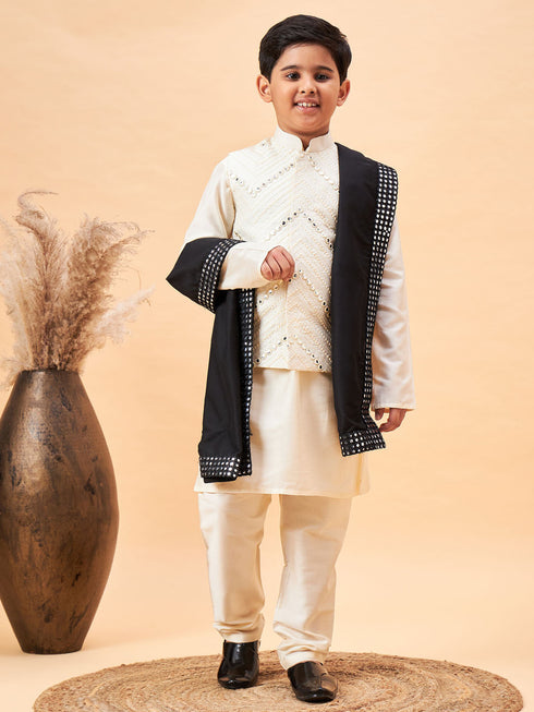Boy's Cream Mirror Work Jacket And Solid Kurta Pyjama Set With Black Ethnic Dupatta