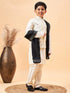 Boy's Cream Mirror Work Jacket And Solid Kurta Pyjama Set With Black Ethnic Dupatta