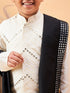 Boy's Cream Mirror Work Jacket And Solid Kurta Pyjama Set With Black Ethnic Dupatta