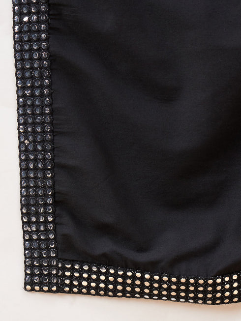 Boy's Cream Mirror Work Jacket And Solid Kurta Pyjama Set With Black Ethnic Dupatta