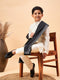 Boy's Cream Mirror Work Jacket And Solid Kurta Pyjama Set With Black Ethnic Dupatta