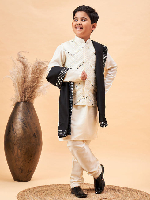 Boy's Cream Mirror Work Jacket And Solid Kurta Pyjama Set With Black Ethnic Dupatta