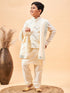 Boy's Cream Mirror Work Jacket And Solid Kurta Pyjama Set With Ethnic Dupatta