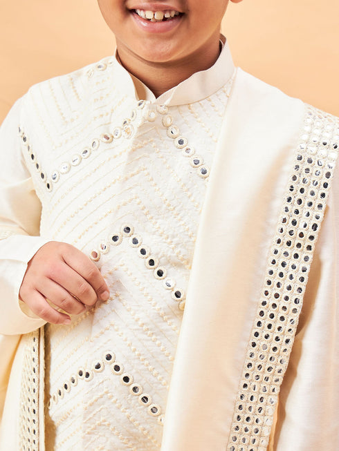 Boy's Cream Mirror Work Jacket And Solid Kurta Pyjama Set With Ethnic Dupatta