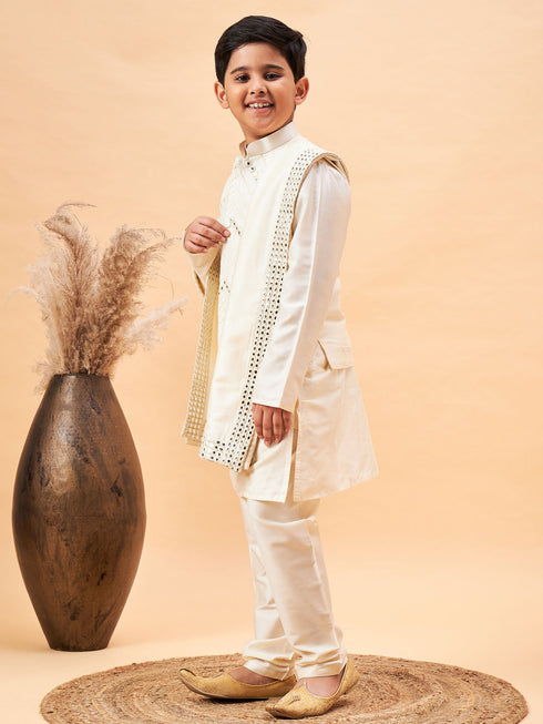 Boy's Cream Mirror Work Jacket And Solid Kurta Pyjama Set With Ethnic Dupatta