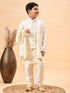 Boy's Cream Mirror Work Jacket And Solid Kurta Pyjama Set With Ethnic Dupatta