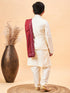 Boy's Cream Mirror Work Jacket And Solid Kurta Pyjama Set With Maroon Ethnic Dupatta
