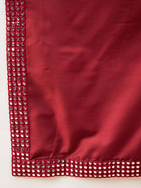 Boy's Cream Mirror Work Jacket And Solid Kurta Pyjama Set With Maroon Ethnic Dupatta