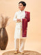 Boy's Cream Mirror Work Jacket And Solid Kurta Pyjama Set With Maroon Ethnic Dupatta