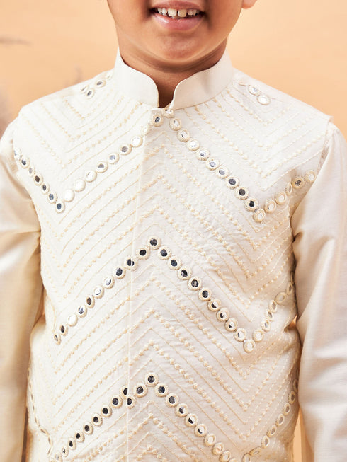 Boy's Cream Mirror Work Jacket And Pleated Kurta Pyjama Set