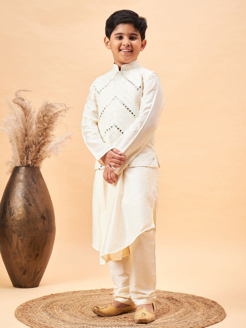 Boy's Cream Mirror Work Jacket And Pleated Kurta Pyjama Set