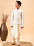Boy's Cream Mirror Work Jacket And Pleated Kurta Pyjama Set