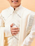 Boy's Cream Mirror Work Jacket And Pleated Kurta Pyjama Set With Ethnic Dupatta