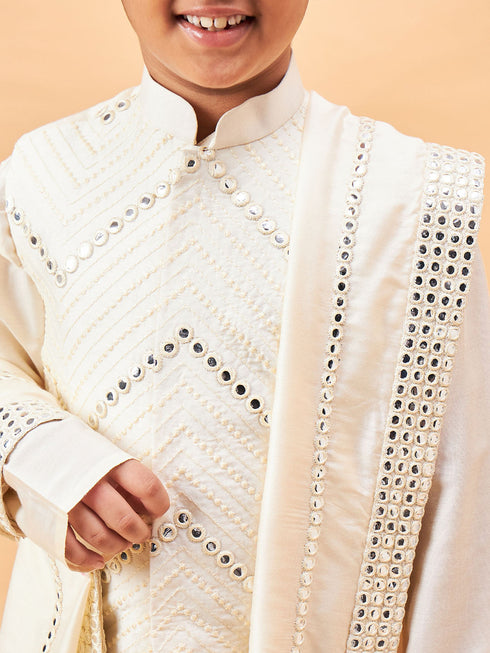 Boy's Cream Mirror Work Jacket And Pleated Kurta Pyjama Set With Ethnic Dupatta