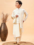Boy's Cream Mirror Work Jacket And Pleated Kurta Pyjama Set With Ethnic Dupatta