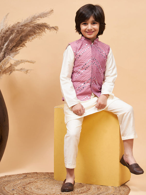 Boy's Pink Mirror Work Jacket And Solid Kurta Pyjama Set