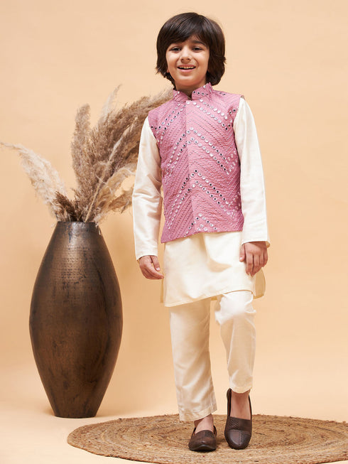 Boy's Pink Mirror Work Jacket And Solid Kurta Pyjama Set