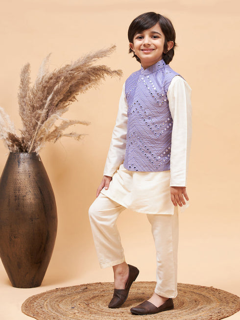 Boy's Purple Mirror Work Jacket And Solid Kurta Pyjama Set