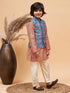 Boy's Orange Printed Kurta And Cream Pyjama Set With Blue Nehru Jacket