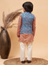 Boy's Orange Printed Kurta And Cream Pyjama Set With Blue Nehru Jacket