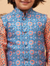 Boy's Orange Printed Kurta And Cream Pyjama Set With Blue Nehru Jacket